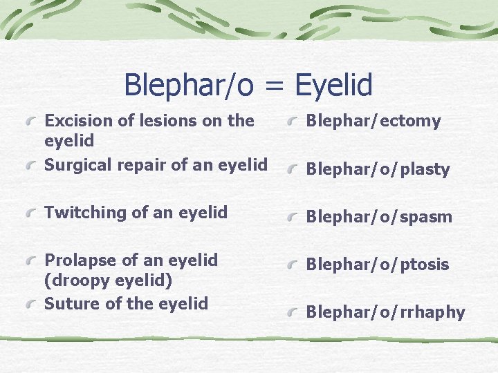 Blephar/o = Eyelid Excision of lesions on the eyelid Surgical repair of an eyelid