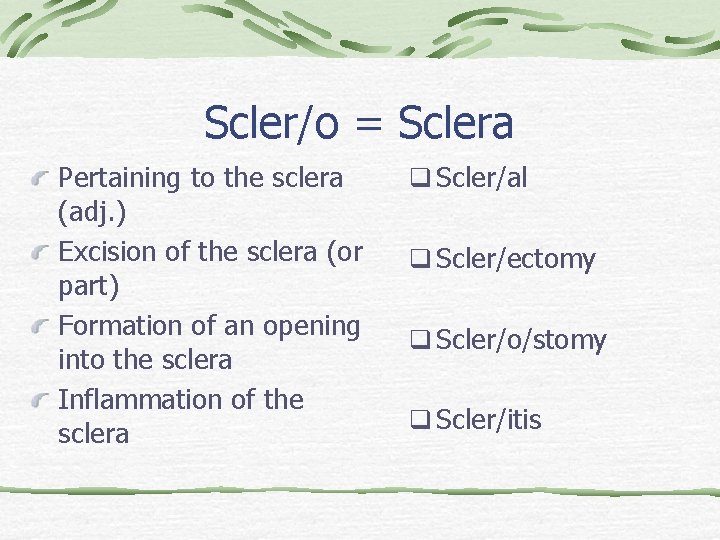 Scler/o = Sclera Pertaining to the sclera (adj. ) Excision of the sclera (or
