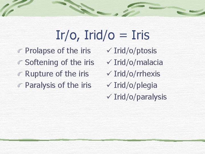 Ir/o, Irid/o = Iris Prolapse of the iris Softening of the iris Rupture of