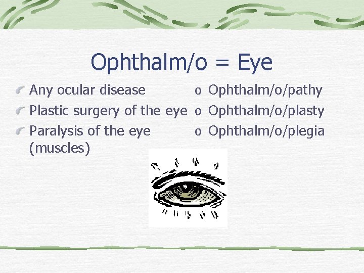 Ophthalm/o = Eye Any ocular disease o Ophthalm/o/pathy Plastic surgery of the eye o