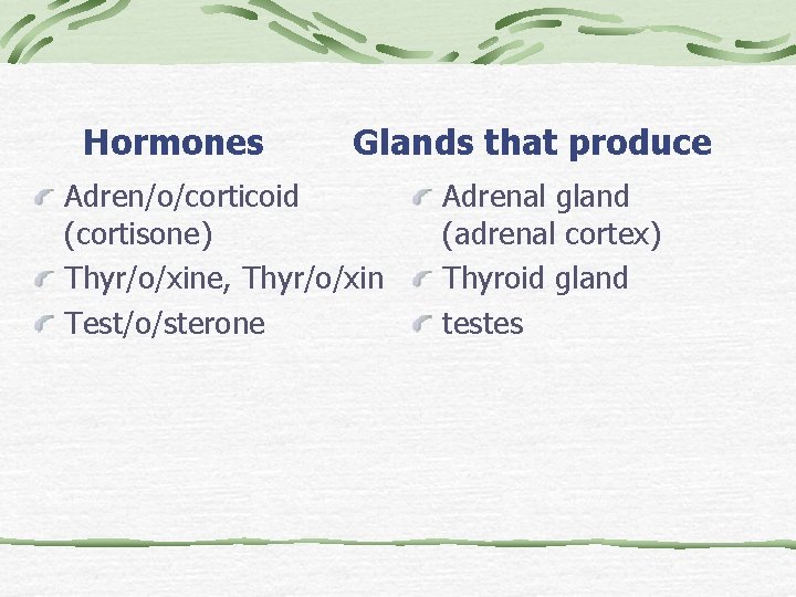 Hormones Glands that produce Adren/o/corticoid (cortisone) Thyr/o/xine, Thyr/o/xin Test/o/sterone Adrenal gland (adrenal cortex) Thyroid