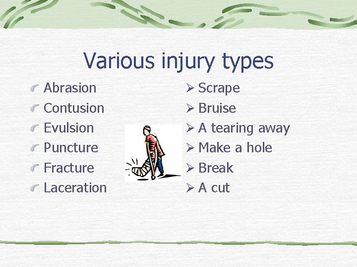 Various injury types Abrasion Contusion Evulsion Puncture Fracture Laceration Ø Scrape Ø Bruise Ø