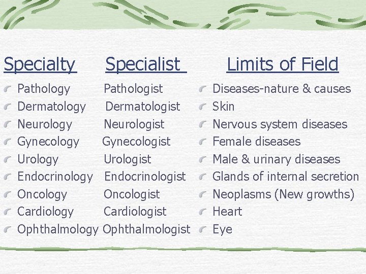 Specialty Specialist Pathology Pathologist Dermatology Dermatologist Neurology Neurologist Gynecology Gynecologist Urology Urologist Endocrinology Endocrinologist