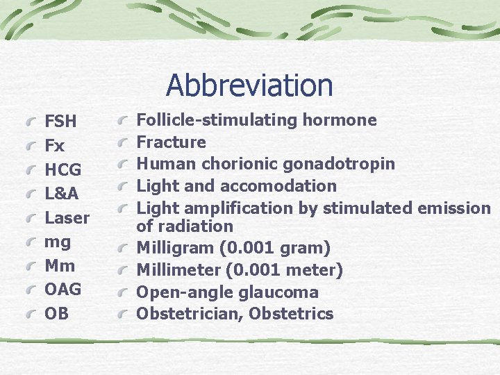 Abbreviation FSH Fx HCG L&A Laser mg Mm OAG OB Follicle-stimulating hormone Fracture Human