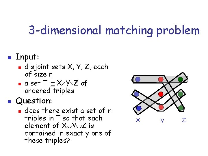 3 -dimensional matching problem n Input: n n n disjoint sets X, Y, Z,