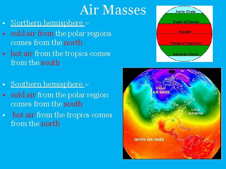Air Masses • Northern hemisphere = • cold air from the polar regions comes