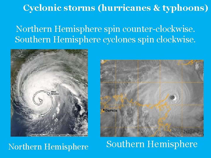 Cyclonic storms (hurricanes & typhoons) Northern Hemisphere spin counter-clockwise. Southern Hemisphere cyclones spin clockwise.
