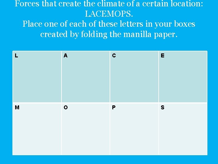 Forces that create the climate of a certain location: LACEMOPS. Place one of each