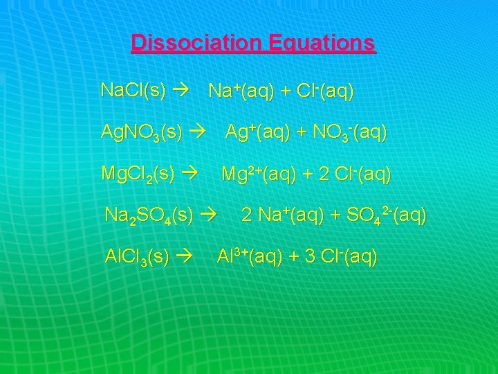 Dissociation Equations Na. Cl(s) Na+(aq) + Cl-(aq) Ag. NO 3(s) Ag+(aq) + NO 3