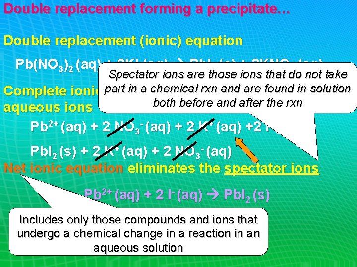 Double replacement forming a precipitate… Double replacement (ionic) equation Pb(NO 3)2 (aq) + 2