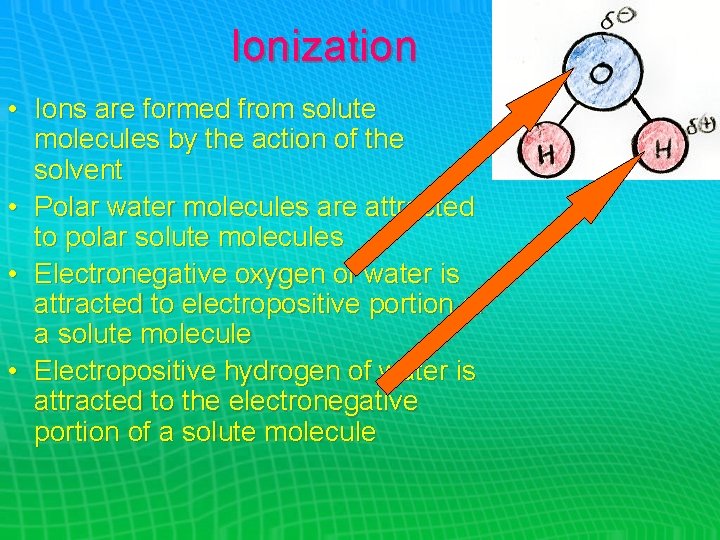 Ionization • Ions are formed from solute molecules by the action of the solvent