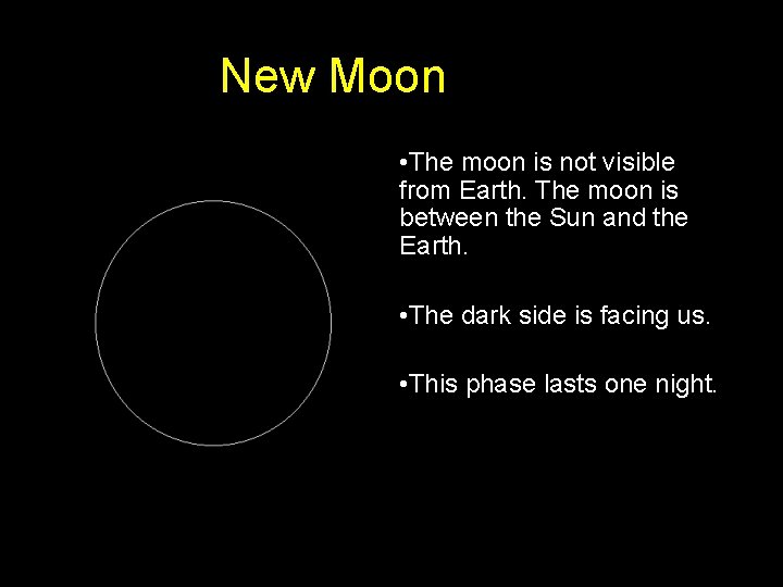 New Moon • The moon is not visible from Earth. The moon is between