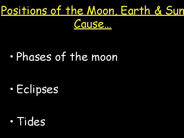 Positions of the Moon, Earth & Sun Cause… • Phases of the moon •
