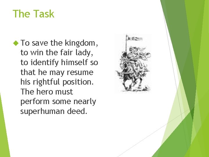 The Task To save the kingdom, to win the fair lady, to identify himself