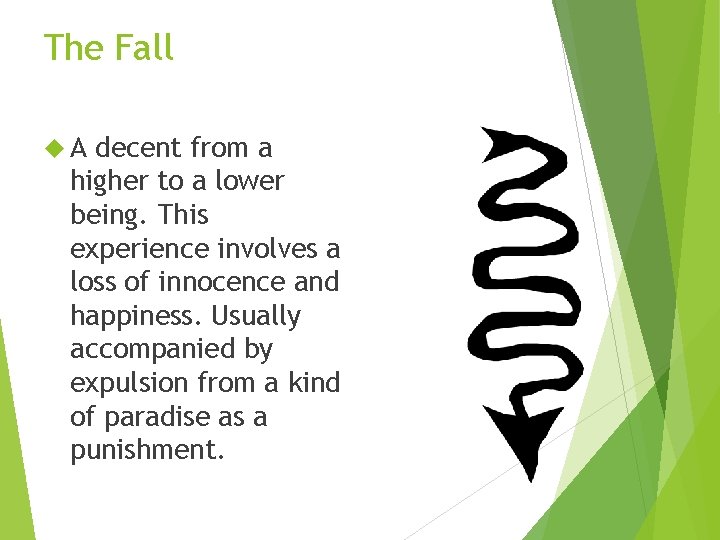 The Fall A decent from a higher to a lower being. This experience involves