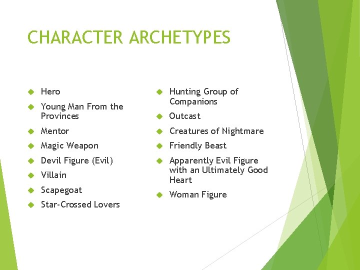 CHARACTER ARCHETYPES Hero Young Man From the Provinces Hunting Group of Companions Outcast Mentor
