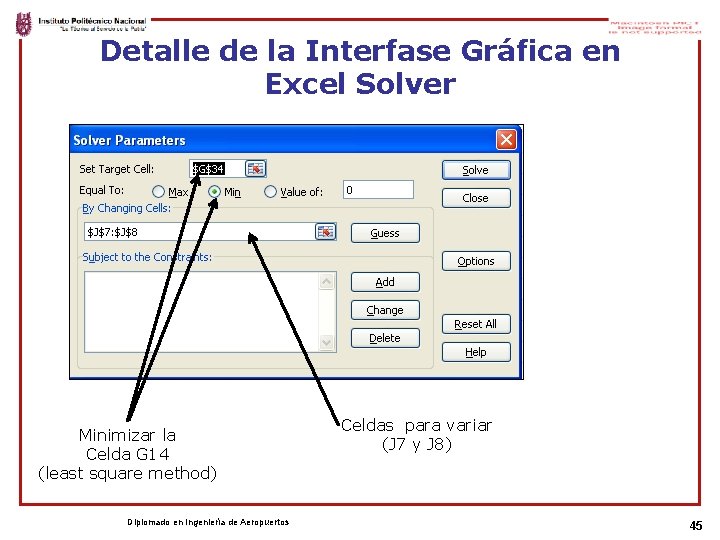 Detalle de la Interfase Gráfica en Excel Solver Minimizar la Celda G 14 (least