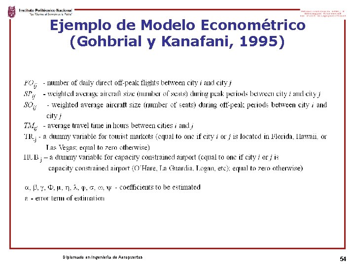 Ejemplo de Modelo Econométrico (Gohbrial y Kanafani, 1995) Diplomado en Ingeniería de Aeropuertos 54