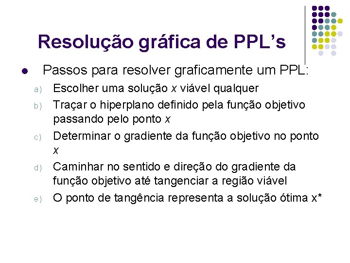 Resolução gráfica de PPL’s Passos para resolver graficamente um PPL: l a) b) c)