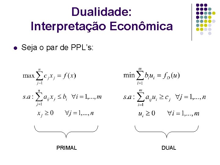 Dualidade: Interpretação Econômica l Seja o par de PPL’s: PRIMAL DUAL 