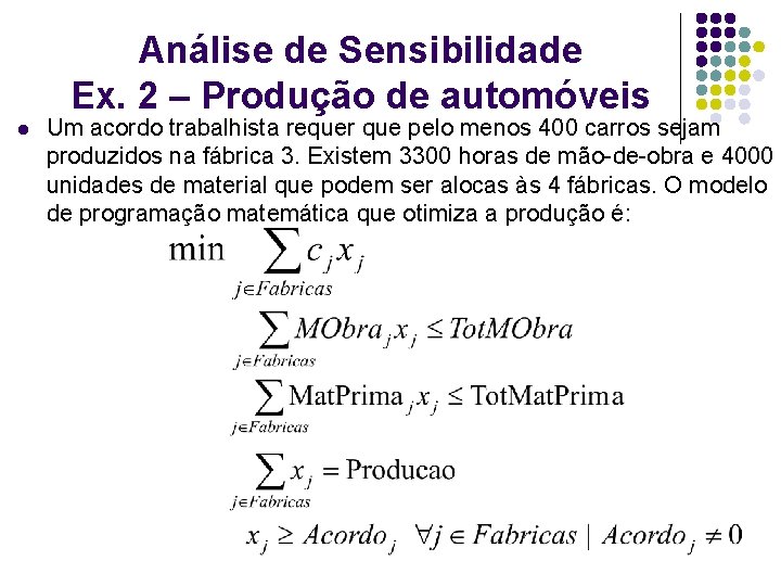 Análise de Sensibilidade Ex. 2 – Produção de automóveis l Um acordo trabalhista requer