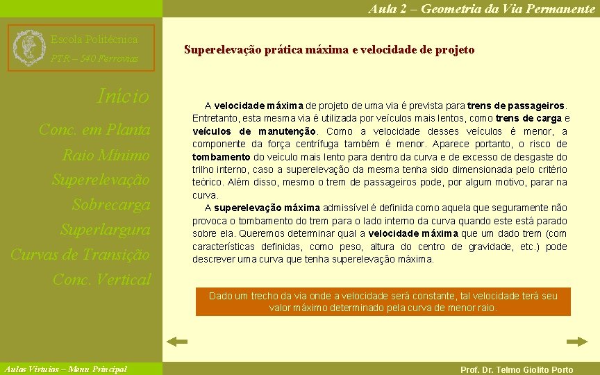 Aula 2 – Geometria da Via Permanente Escola Politécnica PTR – 540 Ferrovias Início