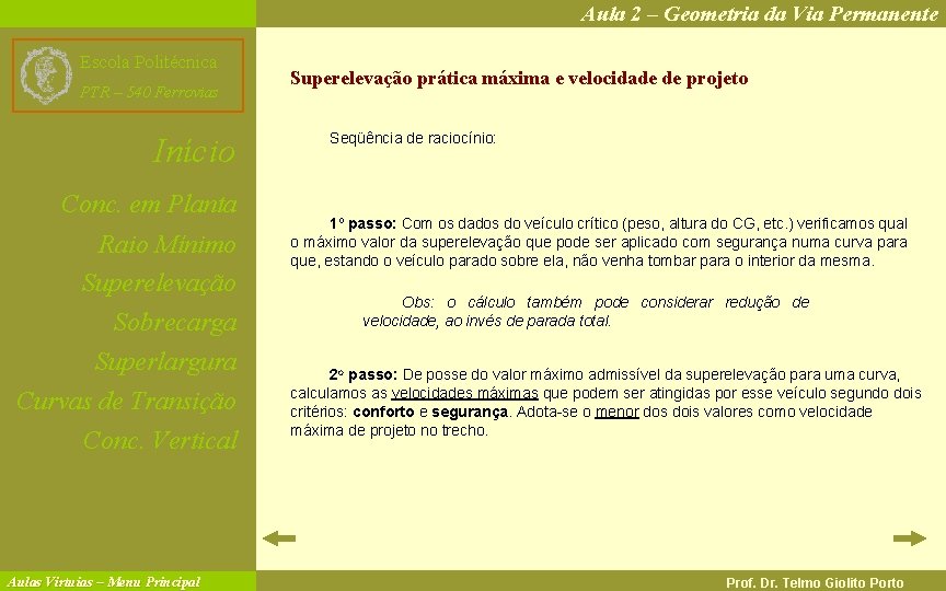 Aula 2 – Geometria da Via Permanente Escola Politécnica PTR – 540 Ferrovias Início
