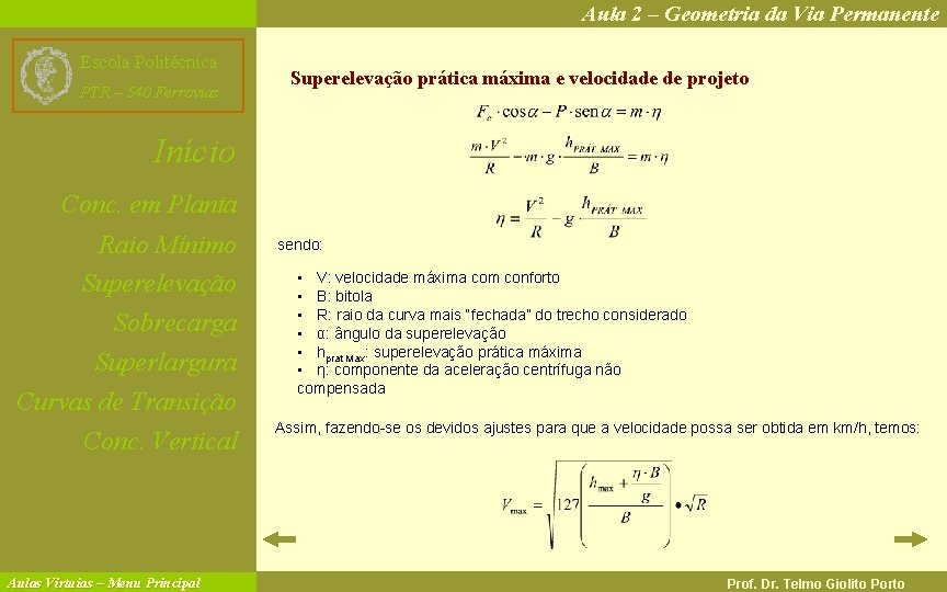 Aula 2 – Geometria da Via Permanente Escola Politécnica PTR – 540 Ferrovias Superelevação