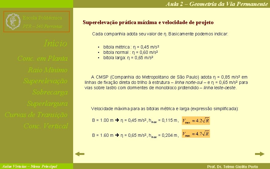 Aula 2 – Geometria da Via Permanente Escola Politécnica PTR – 540 Ferrovias Superelevação
