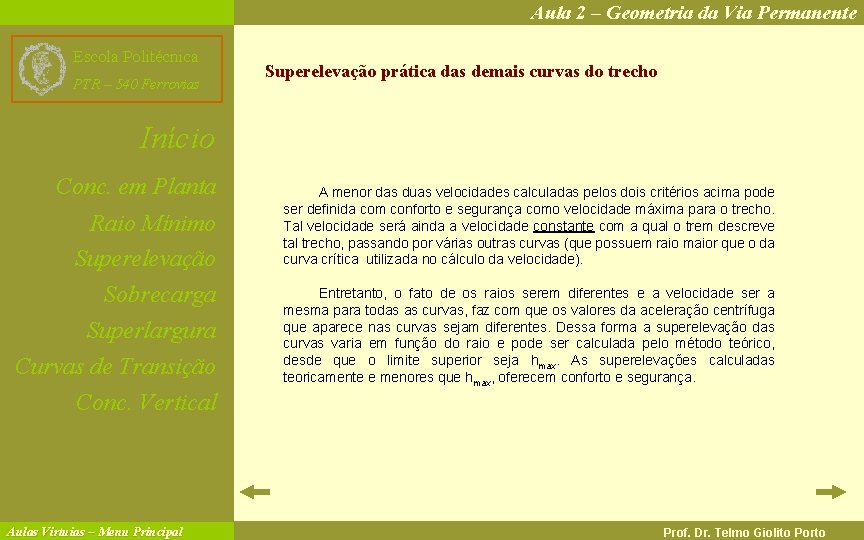 Aula 2 – Geometria da Via Permanente Escola Politécnica PTR – 540 Ferrovias Superelevação