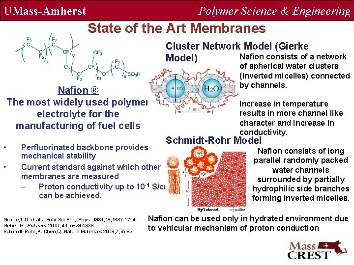 UMass-Amherst Polymer Science & Engineering State of the Art Membranes Cluster Network Model (Gierke
