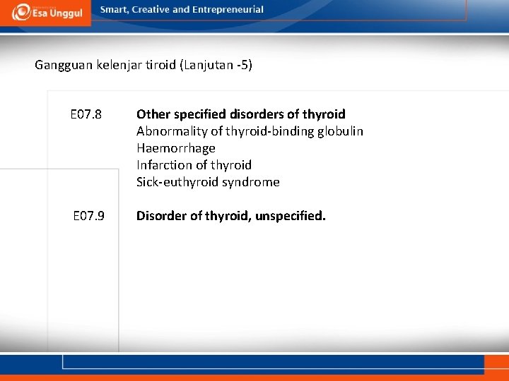 Gangguan kelenjar tiroid (Lanjutan -5) E 07. 8 Other specified disorders of thyroid Abnormality Gangguan kelenjar tiroid (Lanjutan -5) E 07. 8 Other specified disorders of thyroid Abnormality