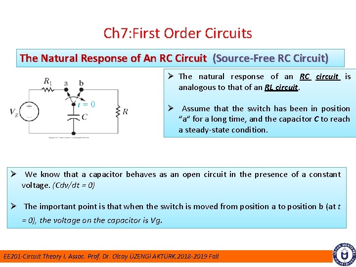 Ch 7: First Order Circuits The Natural Response of An RC Circuit (Source-Free RC