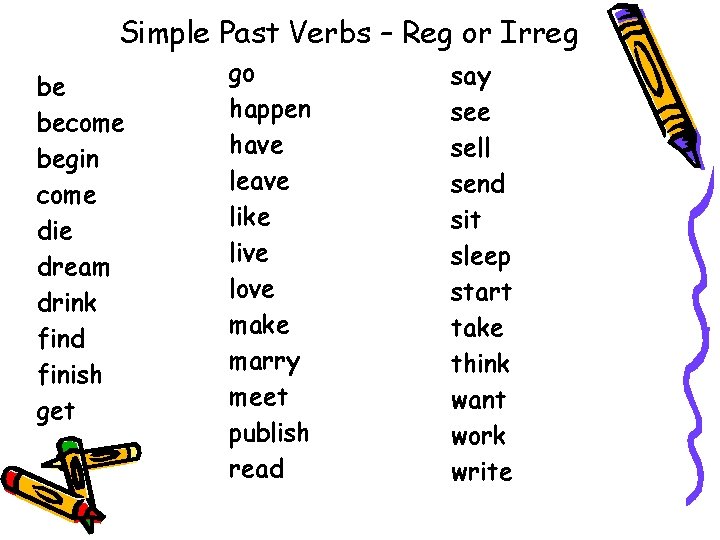 Simple Past Verbs – Reg or Irreg be become begin come die dream drink