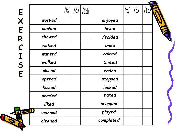 E X E R C I S E worked enjoyed cooked loved showed decided