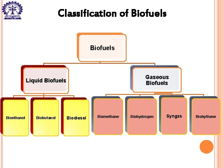 Classification of Biofuels Gaseous Biofuels Liquid Biofuels Bioethanol Biobutanol Biodiesel Biomethane Biohydrogen Syngas Biohythane
