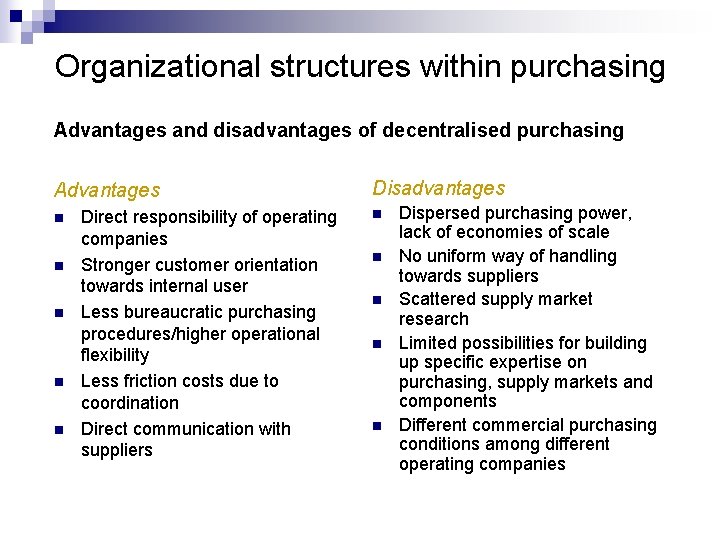 Organizational structures within purchasing Advantages and disadvantages of decentralised purchasing Advantages n n n