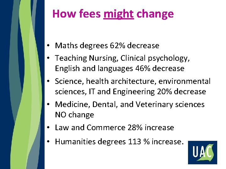 How fees might change • Maths degrees 62% decrease • Teaching Nursing, Clinical psychology,