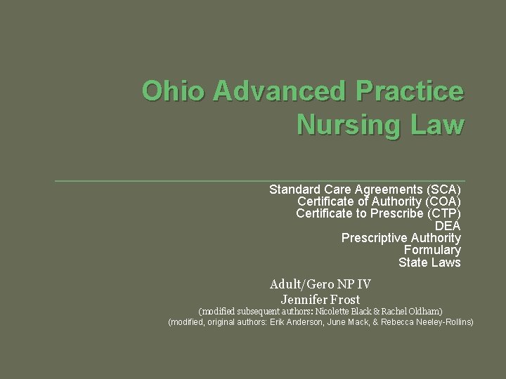 Ohio Advanced Practice Nursing Law Standard Care Agreements (SCA) Certificate of Authority (COA) Certificate