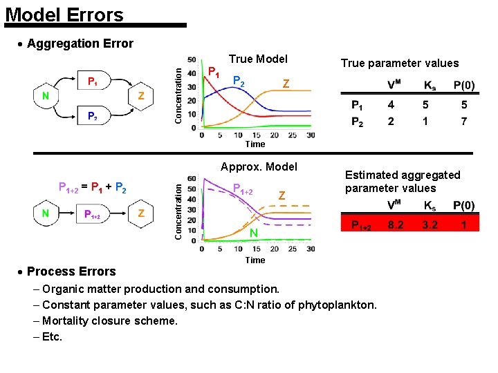 Model Errors · Aggregation Error Concentration True Model P 1 P 2 True parameter