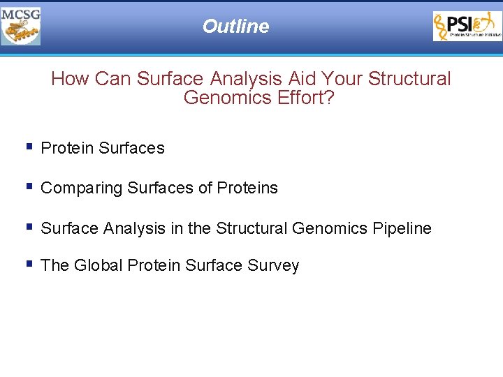 Outline How Can Surface Analysis Aid Your Structural Genomics Effort? § Protein Surfaces §