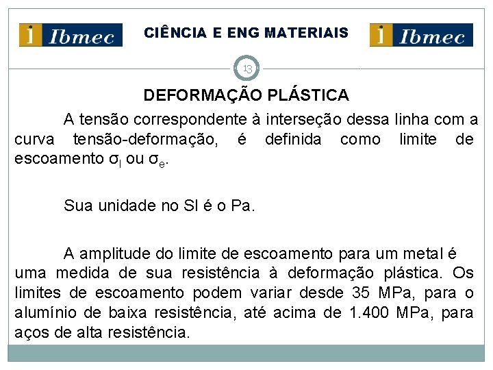 CIÊNCIA E ENG MATERIAIS 13 DEFORMAÇÃO PLÁSTICA A tensão correspondente à interseção dessa linha