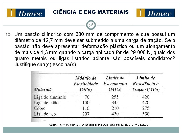 CIÊNCIA E ENG MATERIAIS 36 10. Um bastão cilíndrico com 500 mm de comprimento