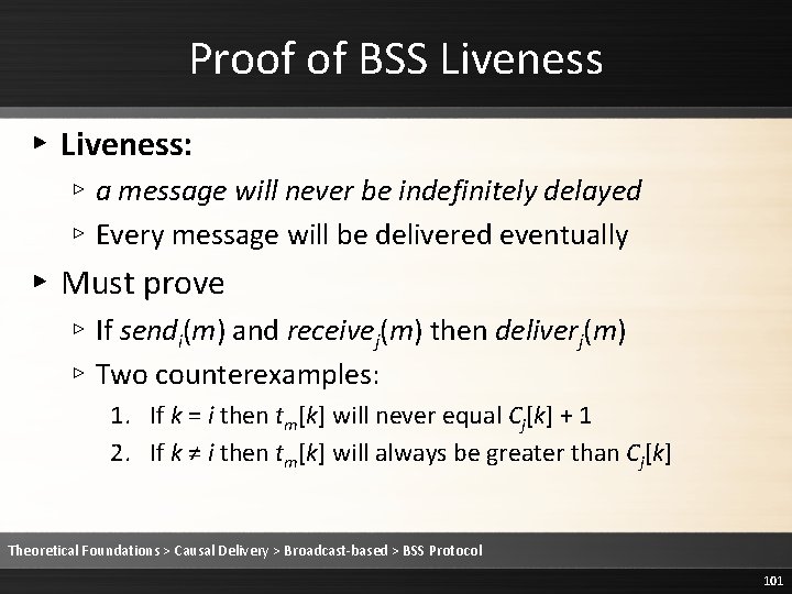 Proof of BSS Liveness ▸ Liveness: ▹ a message will never be indefinitely delayed