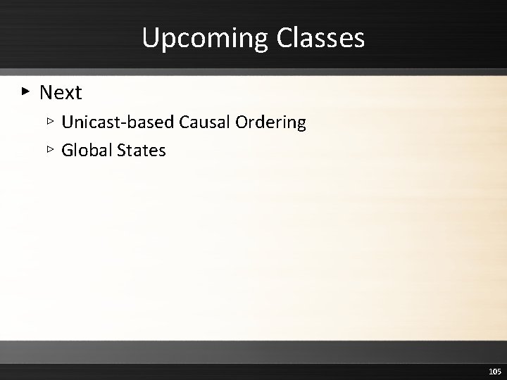 Upcoming Classes ▸ Next ▹ Unicast-based Causal Ordering ▹ Global States 105 
