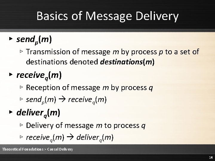 Basics of Message Delivery ▸ sendp(m) ▹ Transmission of message m by process p