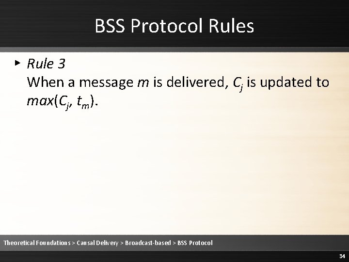 BSS Protocol Rules ▸ Rule 3 When a message m is delivered, Cj is