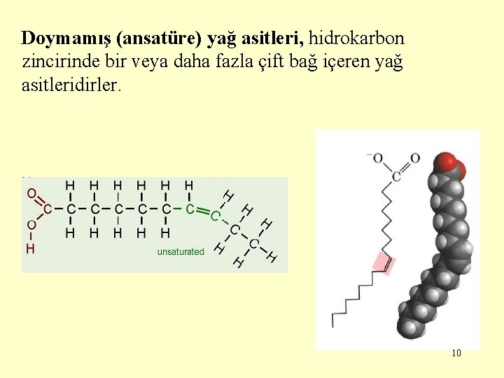 Doymamış (ansatüre) yağ asitleri, hidrokarbon zincirinde bir veya daha fazla çift bağ içeren yağ