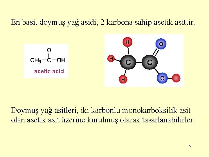 En basit doymuş yağ asidi, 2 karbona sahip asetik asittir. Doymuş yağ asitleri, iki