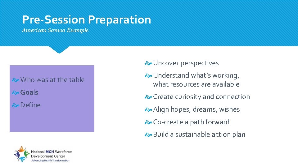 Pre-Session Preparation American Samoa Example Uncover perspectives Who was at the table Goals Define Pre-Session Preparation American Samoa Example Uncover perspectives Who was at the table Goals Define